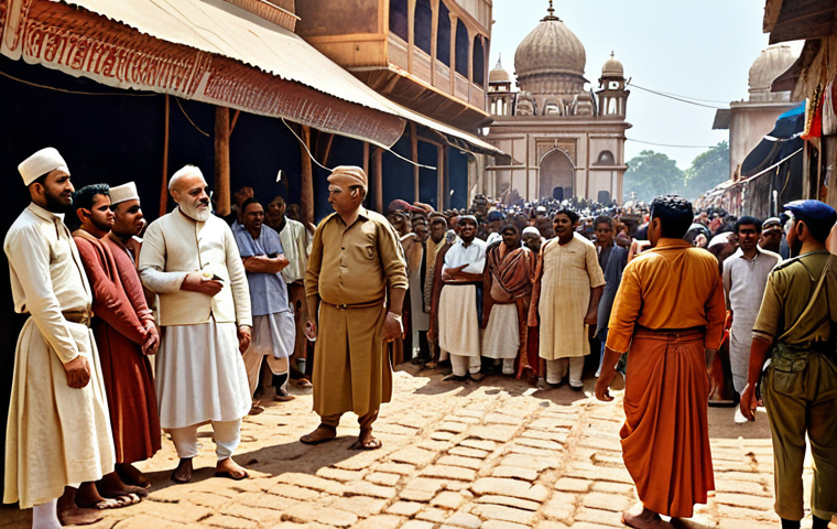 **A bustling Indian marketplace:** A Portuguese missionary stands alongside merchants and soldiers, observing the diverse crowd. The scene evokes a sense of cultural exchange and tension, highlighting the early intersection of Catholicism and colonialism in India.
