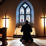 **A person kneeling in prayer before a dimly lit altar in a Polish church, the Stations of the Cross visible on the walls. Soft light streams through a stained-glass window, illuminating their face.** (Focus: finding solace and faith through prayer during personal struggles, reflecting the friend who lost his job)