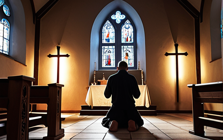 **A person kneeling in prayer before a dimly lit altar in a Polish church, the Stations of the Cross visible on the walls. Soft light streams through a stained-glass window, illuminating their face.** (Focus: finding solace and faith through prayer during personal struggles, reflecting the friend who lost his job)