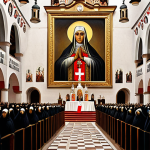 **Image Prompt:** A digital painting depicting the Jasna Góra Monastery in Częstochowa, Poland, with a crowd of pilgrims praying before the Black Madonna icon. The scene should convey a sense of deep faith and national pride, with Polish flags subtly incorporated. Consider a style reminiscent of Polish religious art.