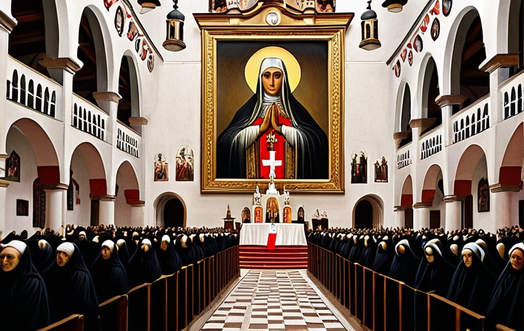 **Image Prompt:** A digital painting depicting the Jasna Góra Monastery in Częstochowa, Poland, with a crowd of pilgrims praying before the Black Madonna icon. The scene should convey a sense of deep faith and national pride, with Polish flags subtly incorporated. Consider a style reminiscent of Polish religious art.